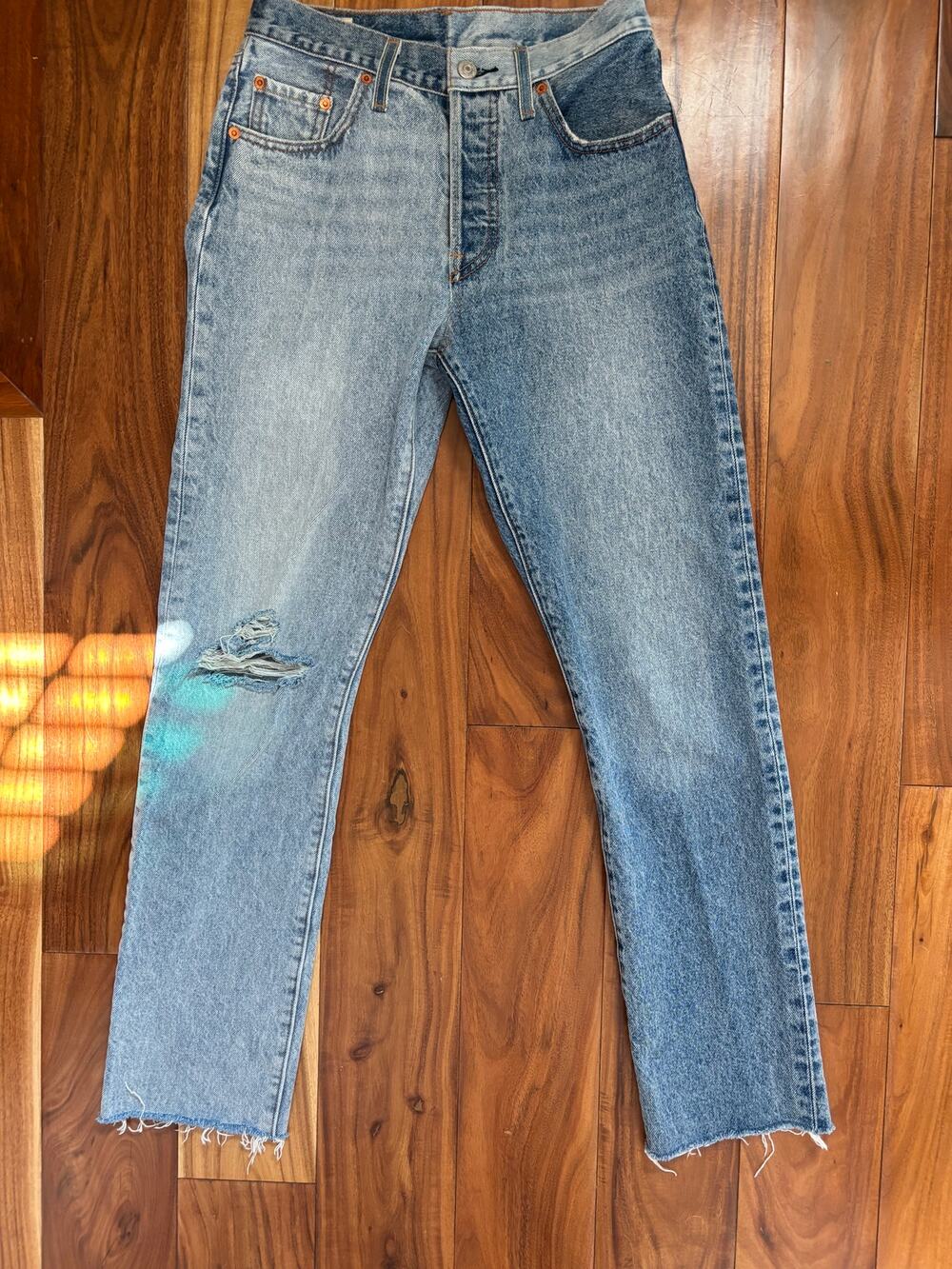 Levi's 501 Color Block High Waist Straight Leg Jeans Two-Tone Distressed 27